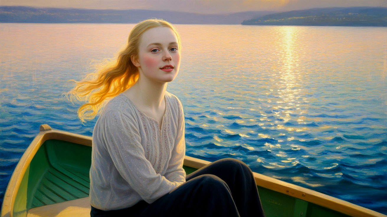 Young Woman in Boat at Sunset on Tranquil Waters