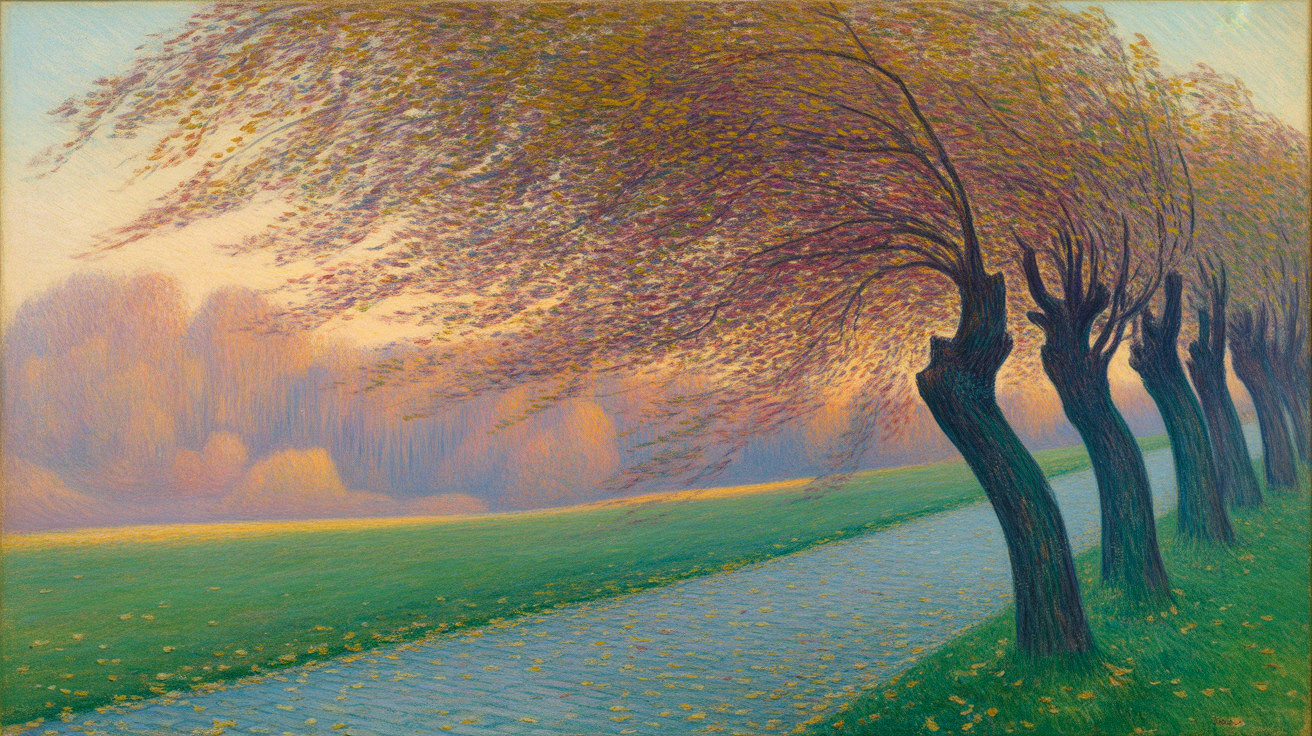 Serene landscape with a tree-lined pathway at dusk