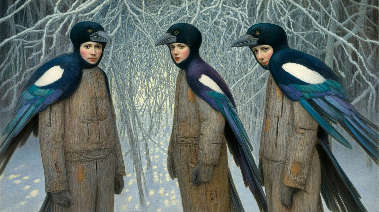 Surreal Winter Landscape with Bird-Headed Figures
