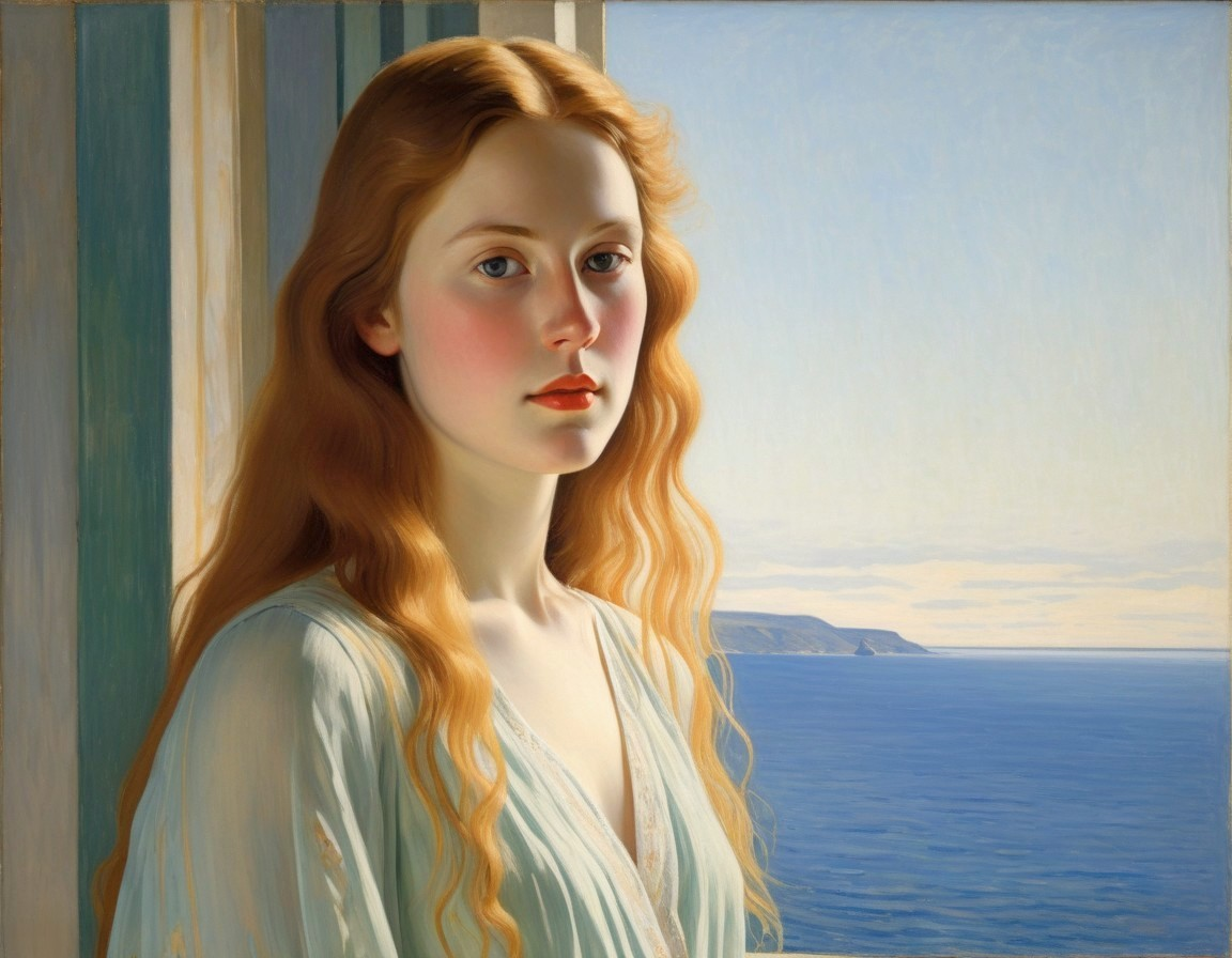 Young Woman Gazing at Ocean Through Open Window