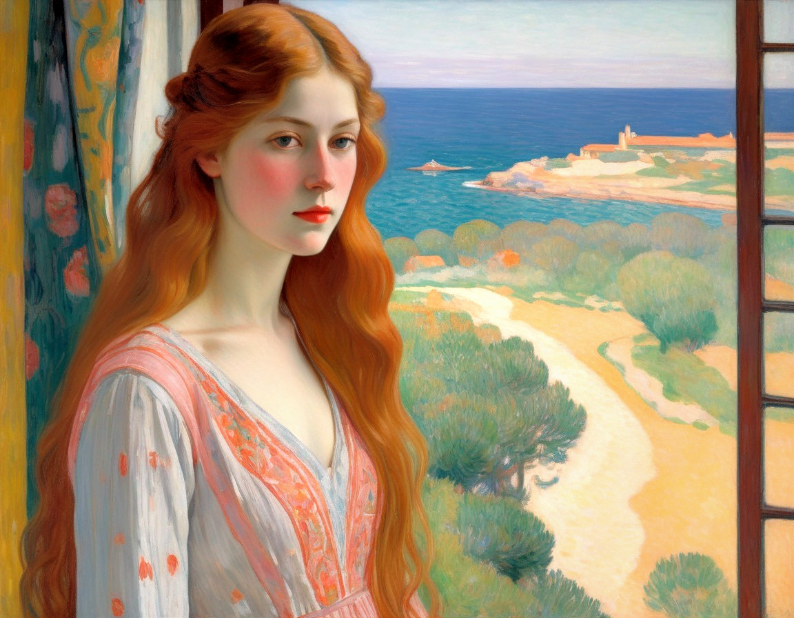 Young Woman with Red Hair by Coastal Window Scene