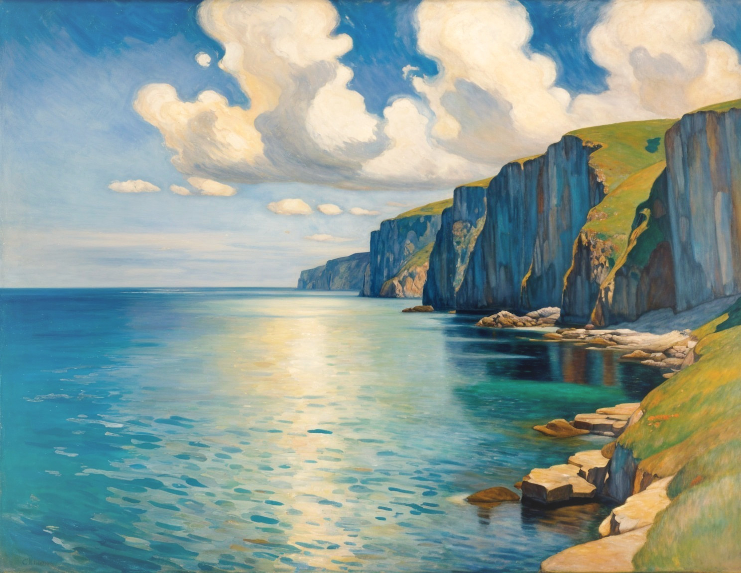 Vibrant Landscape of Cliffs and Calm Sea Scene