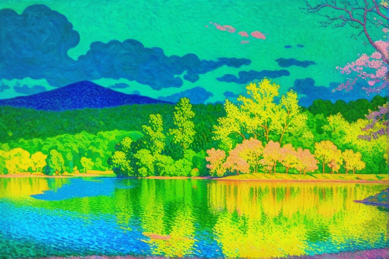 Vibrant Landscape with Serene Lake and Colorful Sky
