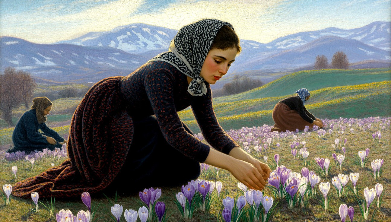 Women in Traditional Attire Gathering Crocuses in Spring
