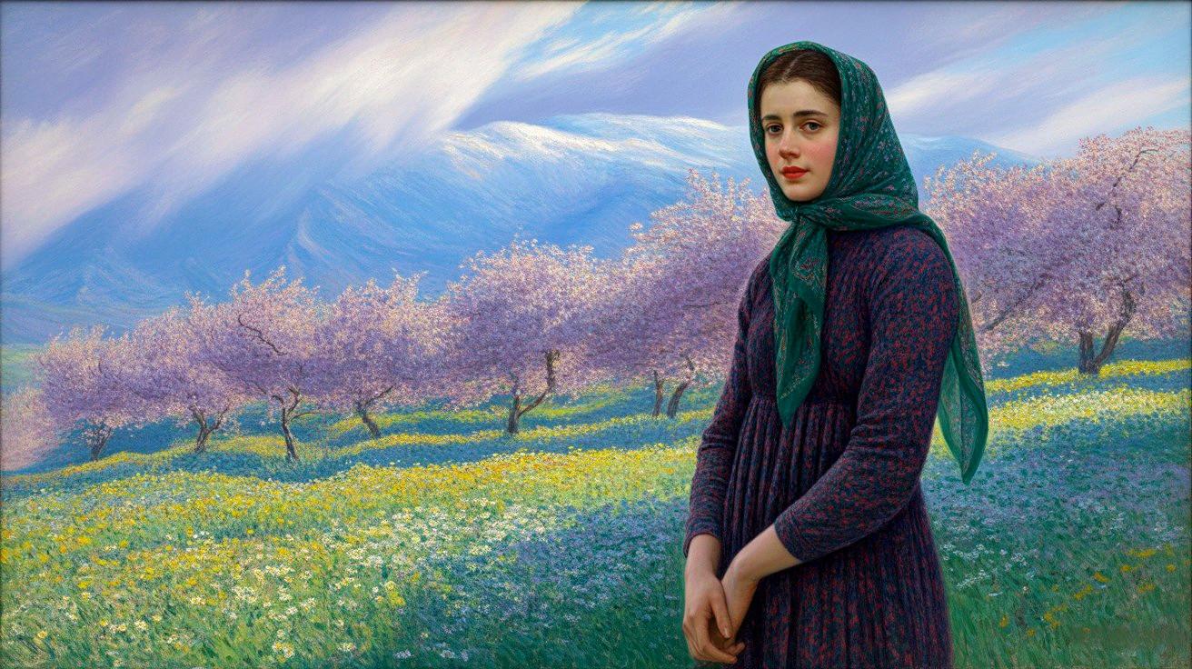 Young Woman in Blooming Field with Floral Headscarf