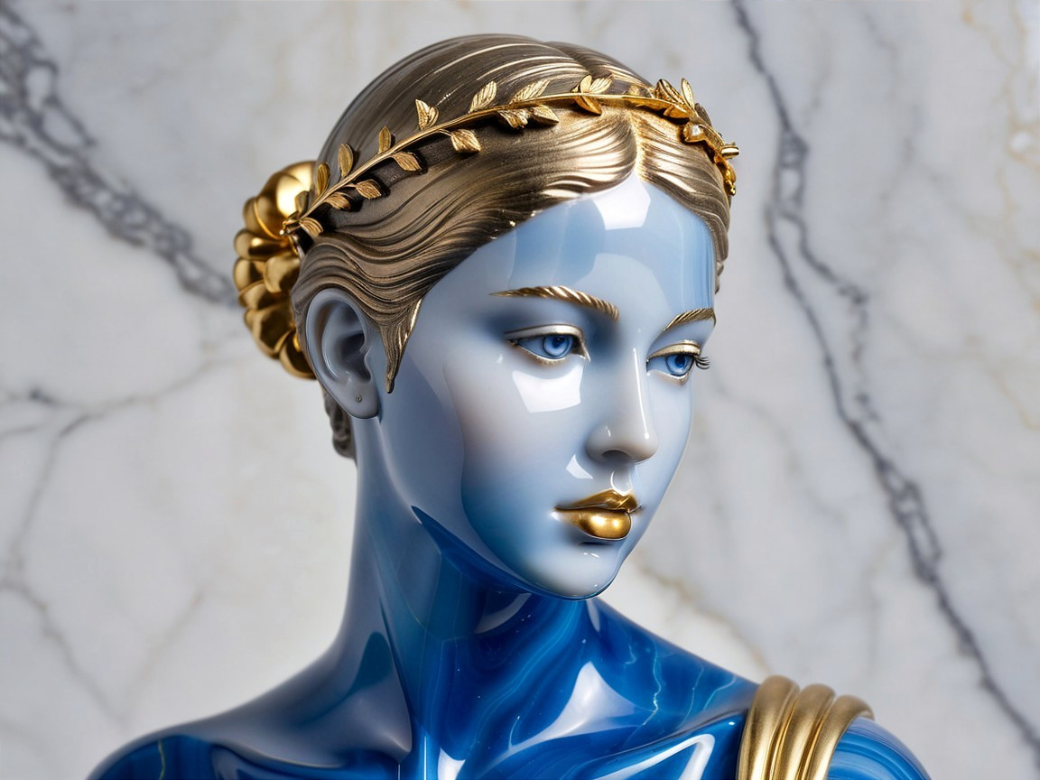 Blue-Skinned Sculpture with Golden Headpiece and Elegance