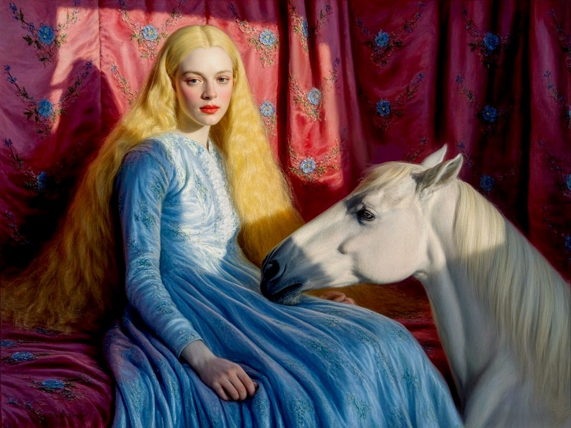 Young Woman in Blue Gown with White Horse in Elegance