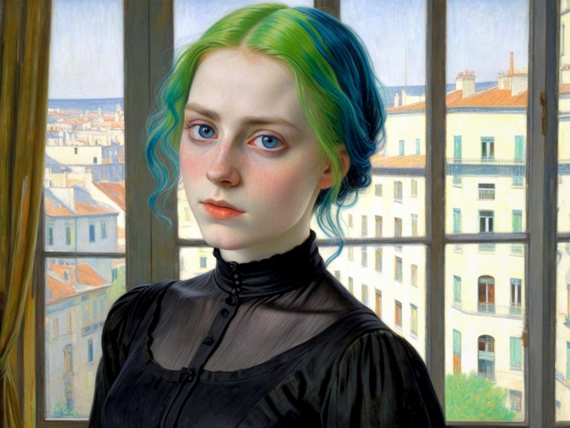 Young woman with green and blue hair in cityscape