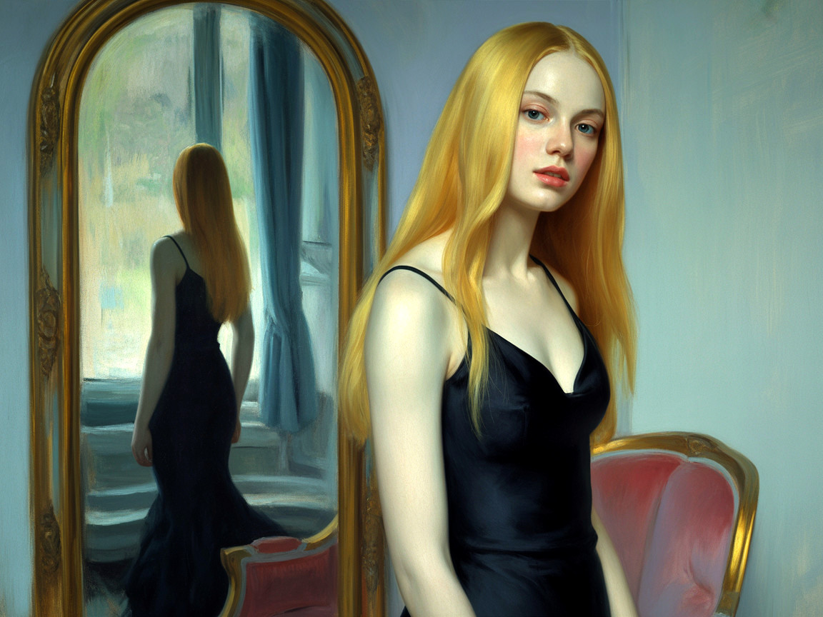 Young Woman in Black Dress with Reflective Mirror