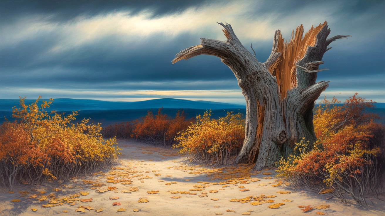 Decayed Tree Surrounded by Vibrant Autumn Foliage