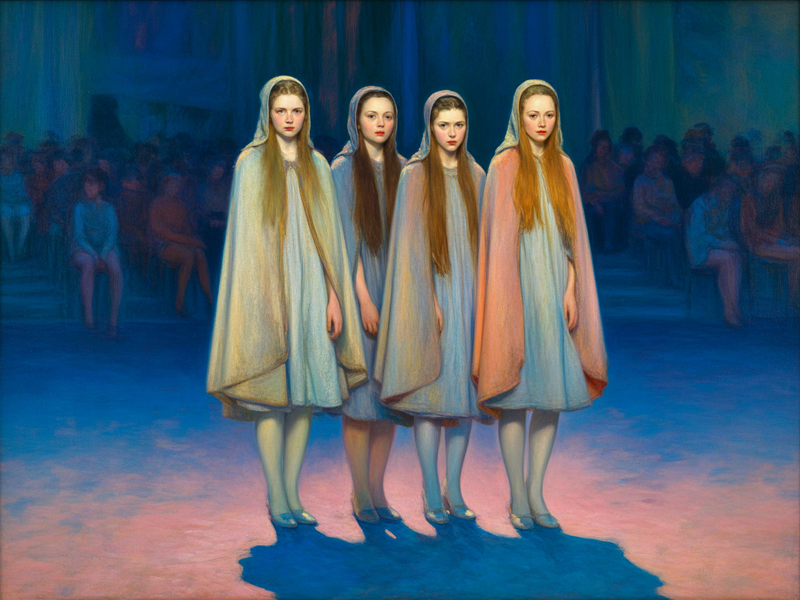 Ethereal Figures in Flowing Capes Against Soft Backdrop