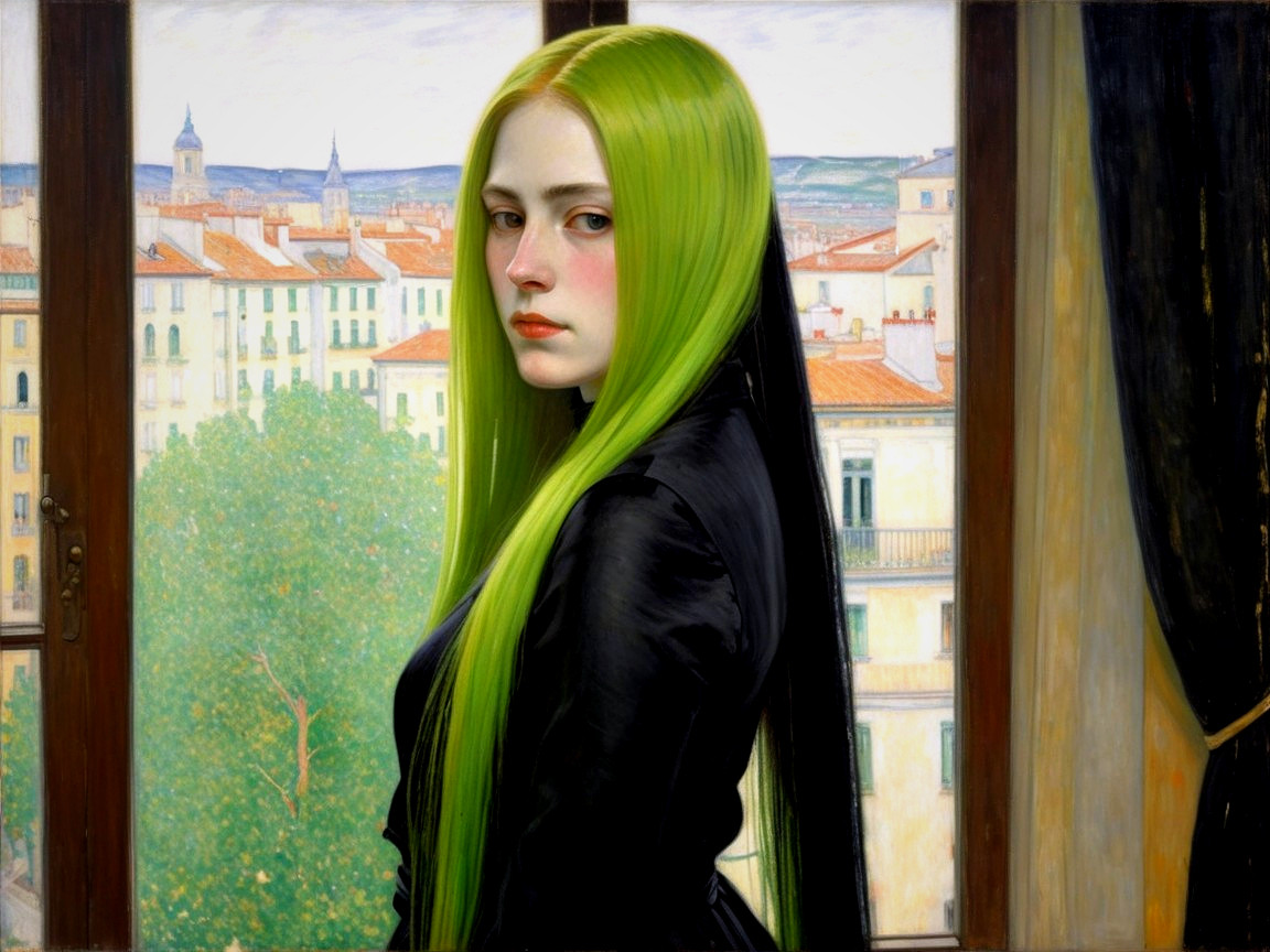Young woman with green hair in front of city window