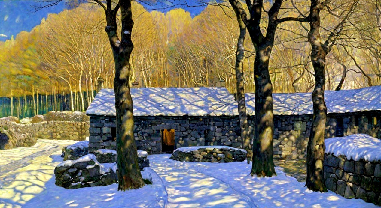 Winter Scene with Cottage and Snowy Landscape