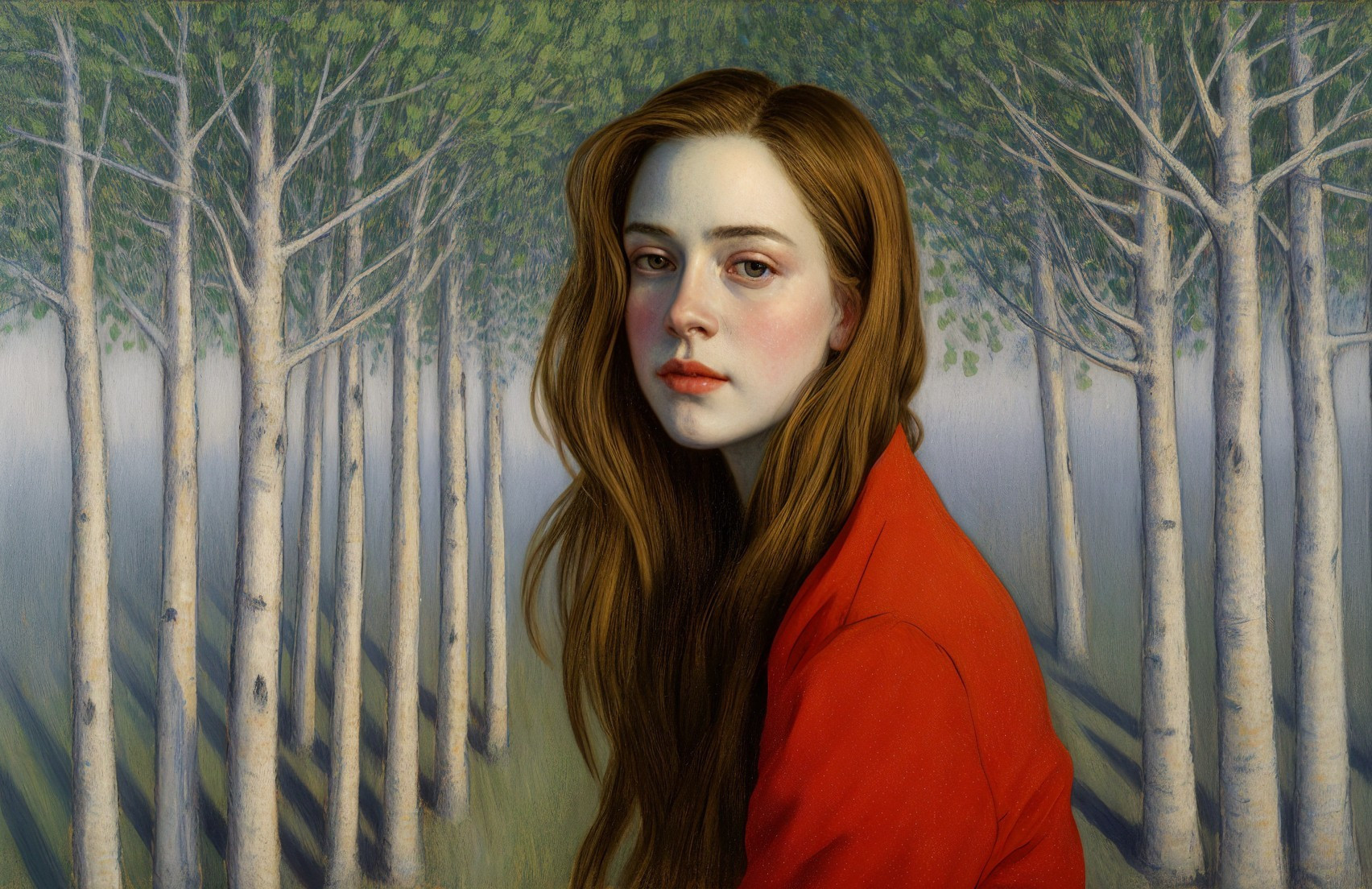 Young woman in red jacket in misty forest setting