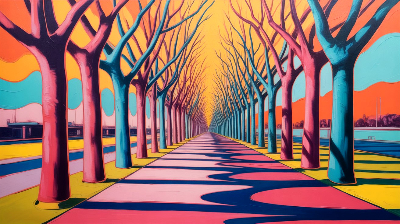 Surreal Landscape with Colorful Trees and Pathway