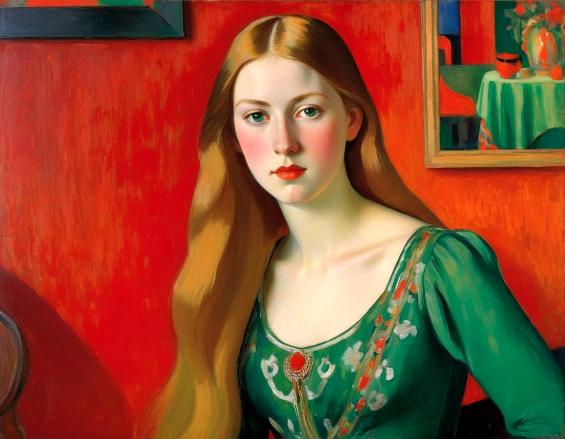Young Woman in Green Dress Against Vibrant Red Background