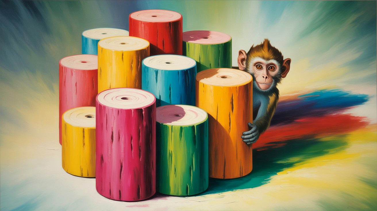 Playful monkey behind colorful oversized logs