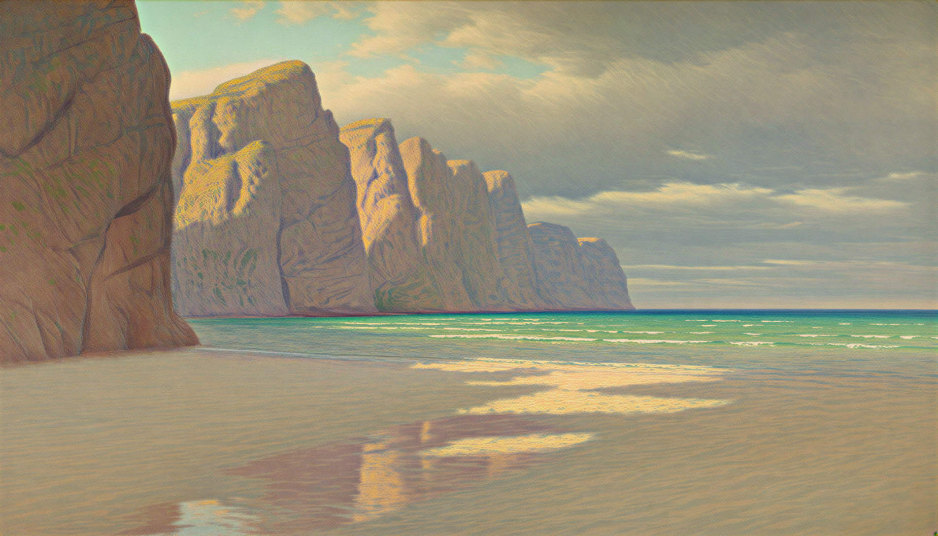 Serene Coastal Scene with Cliffs and Tranquil Sea