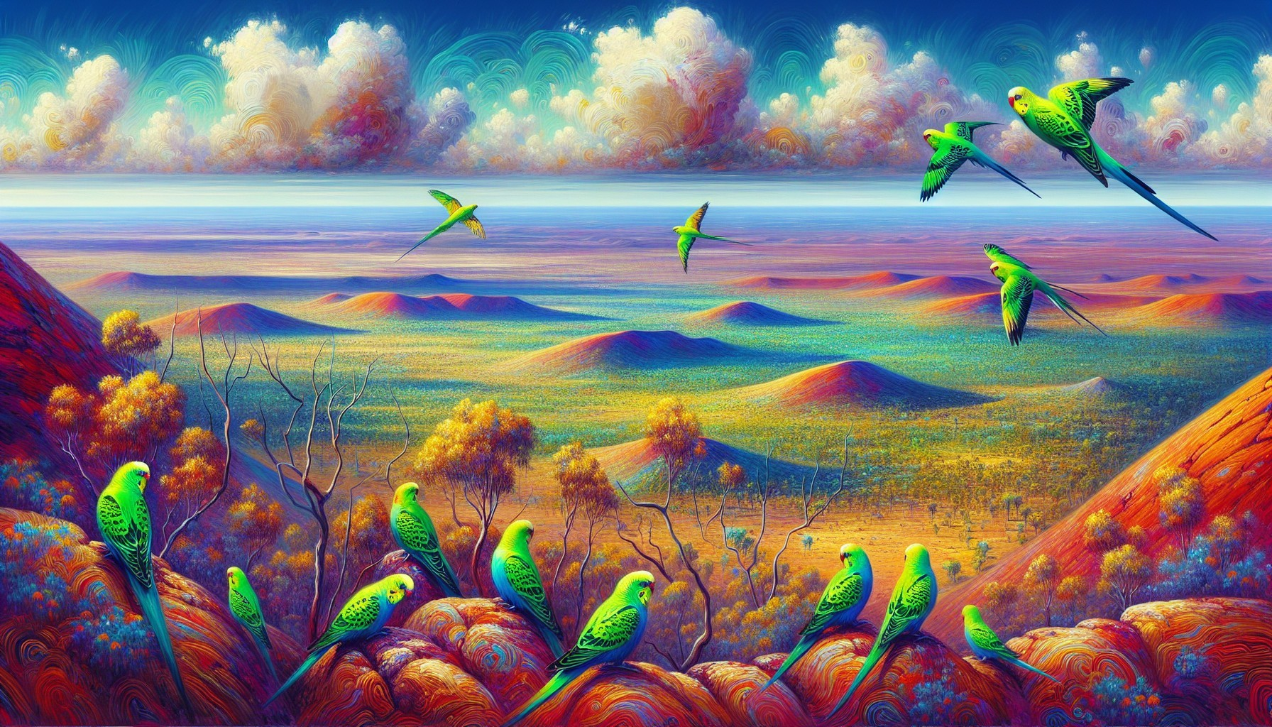 Vibrant Landscape with Colorful Sky and Budgerigars