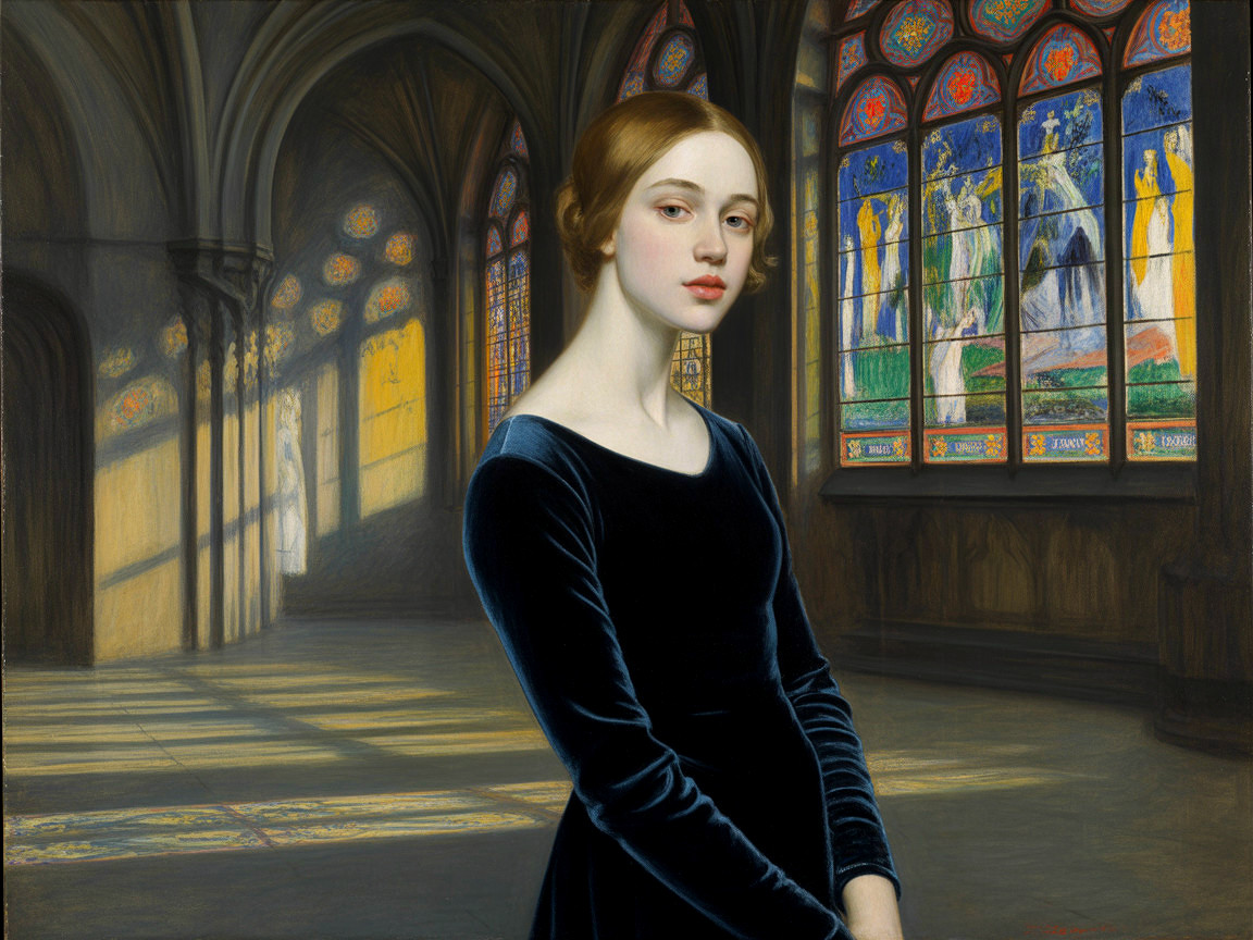 Young Woman in Blue Velvet Dress in Gothic Interior