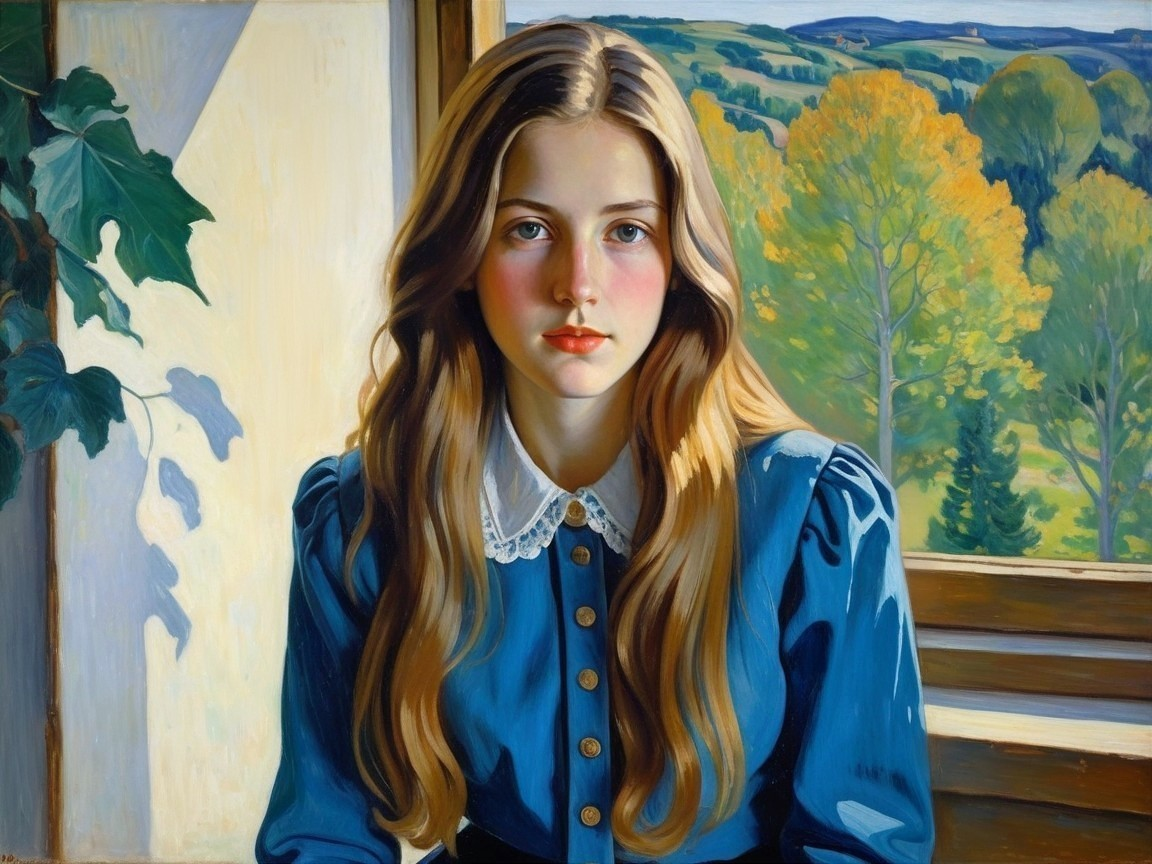 Young girl in blue dress by window with autumn view