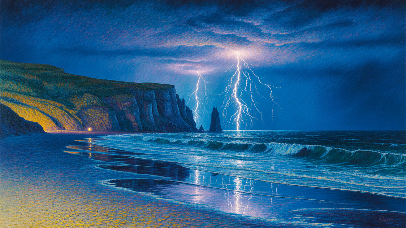 Dramatic Coastal Landscape with Nighttime Lightning