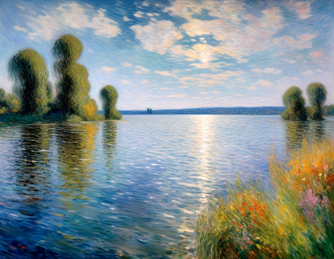 Tranquil Lake Landscape with Vibrant Sky and Wildflowers