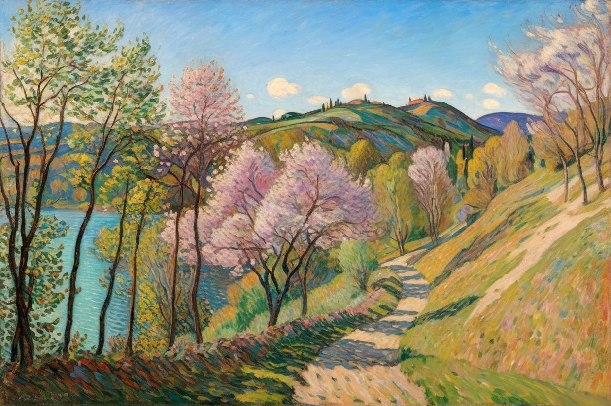 Serene landscape with winding path and blooming trees