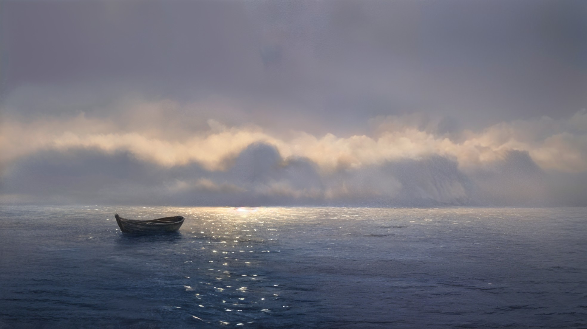 Solitary Wooden Boat on Serene Misty Water