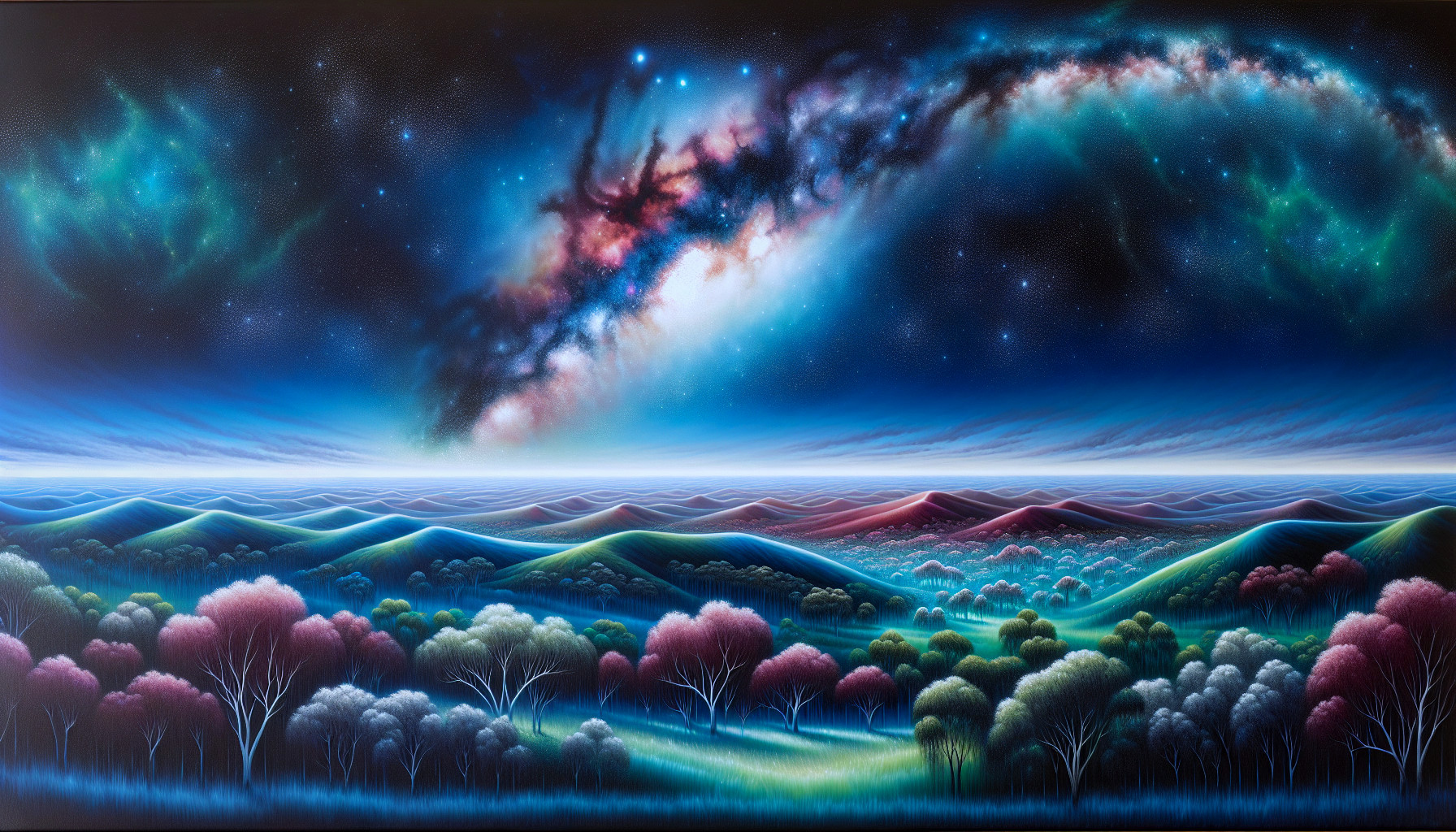 Vibrant Cosmic Landscape with Rolling Hills and Stars