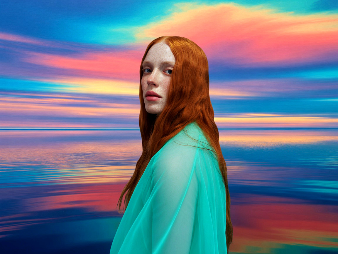 Portrait of a Young Woman with Red Hair and Dreamlike Background