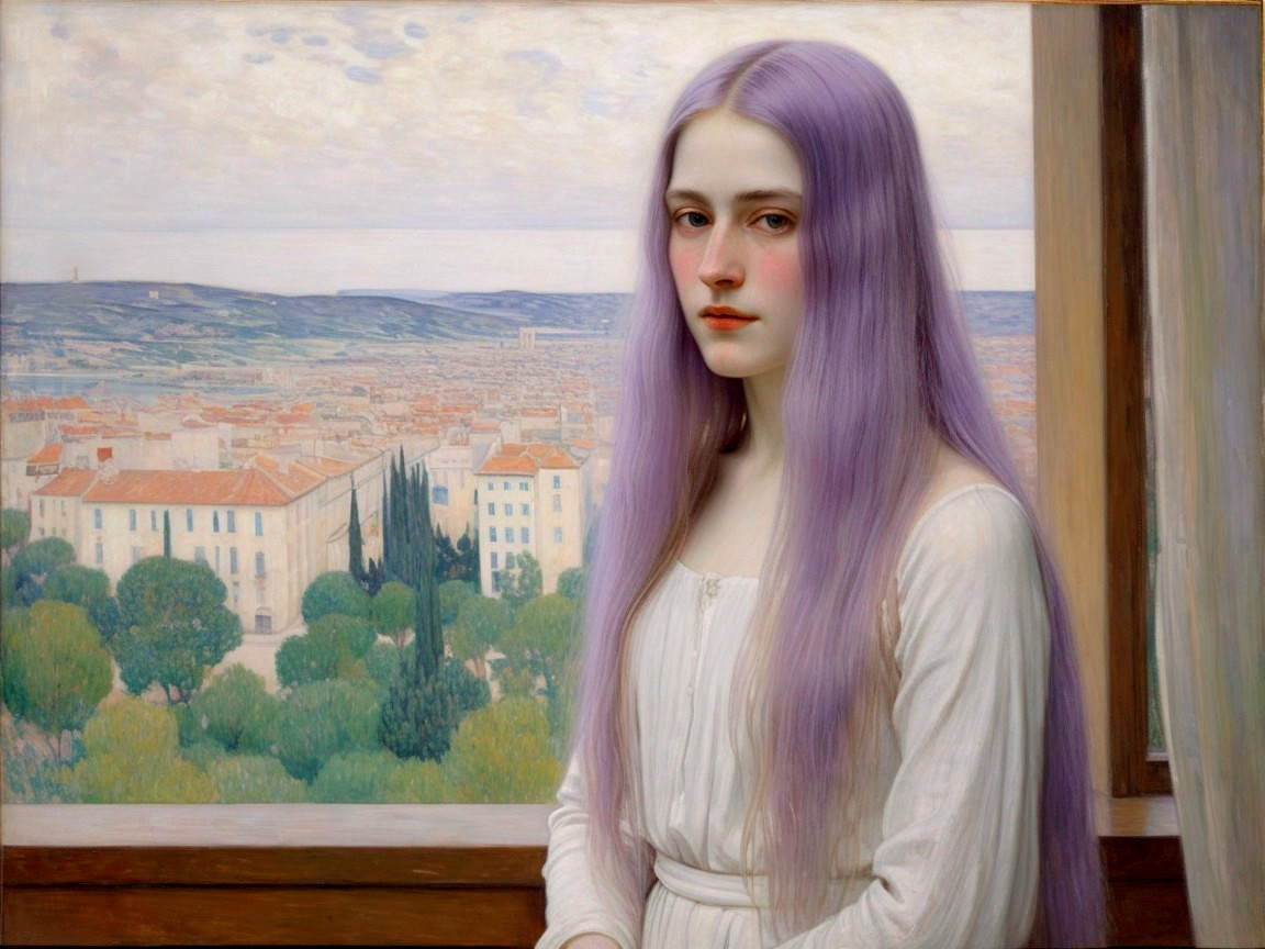 Young Woman with Lavender Hair by a Window