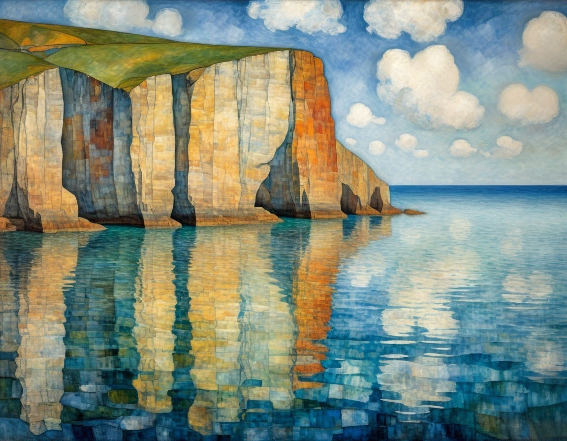 Dramatic Coastal Scene with Cliffs and Calm Waters