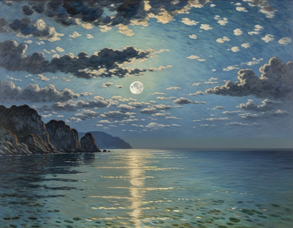 Serene Night Seascape with Full Moon and Cliffs