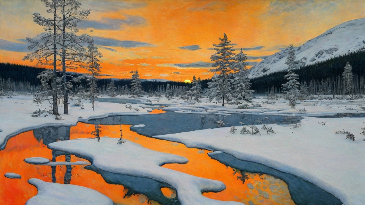 Winter Landscape with River and Sunset Reflections