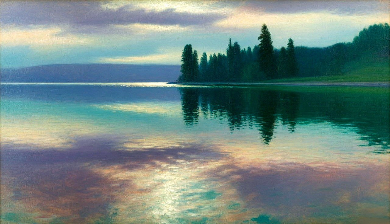 Tranquil Lake Landscape with Reflective Pastel Skies