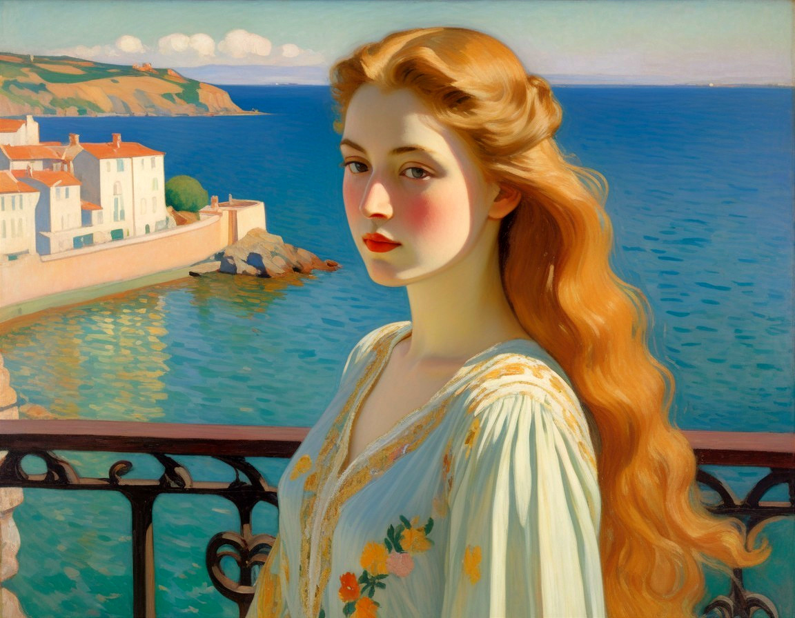 Serene Woman on Balcony Overlooking Tranquil Sea