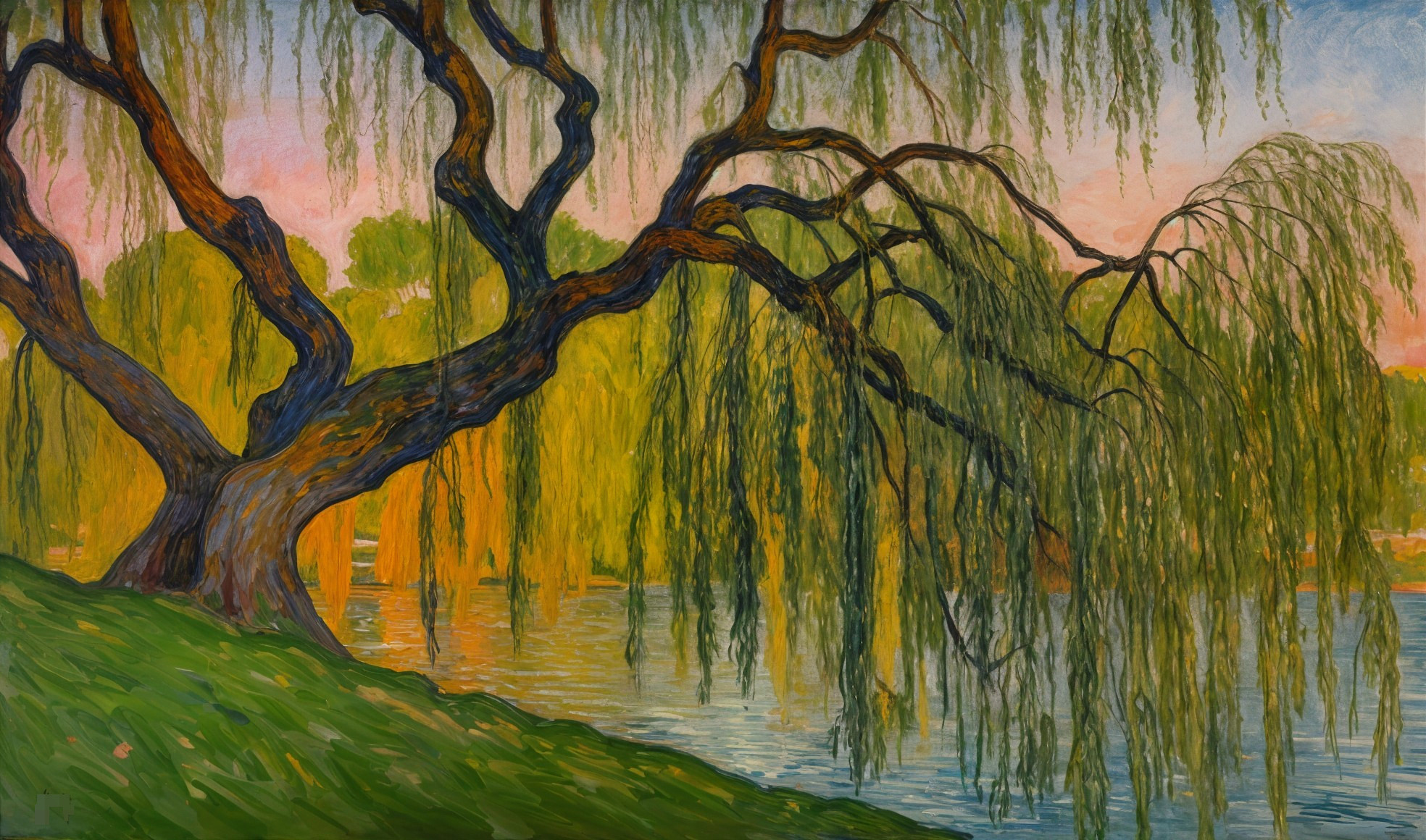 Willow Tree Over Tranquil Water in Serene Setting