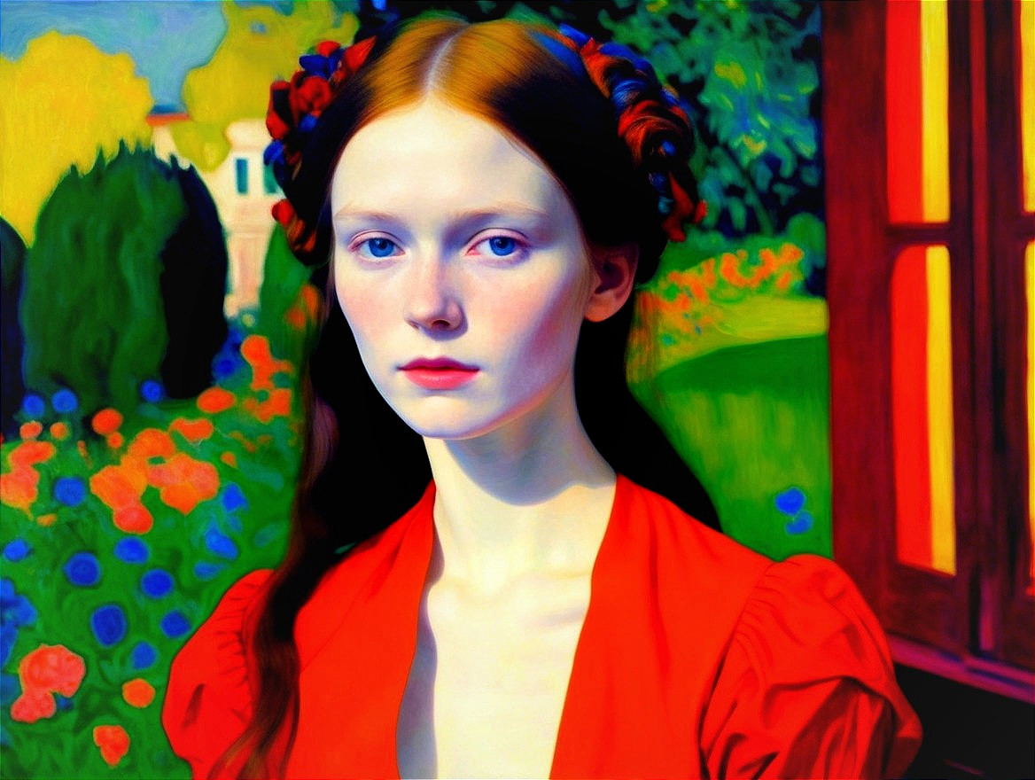 Young Woman in Red Dress Surrounded by Colorful Garden