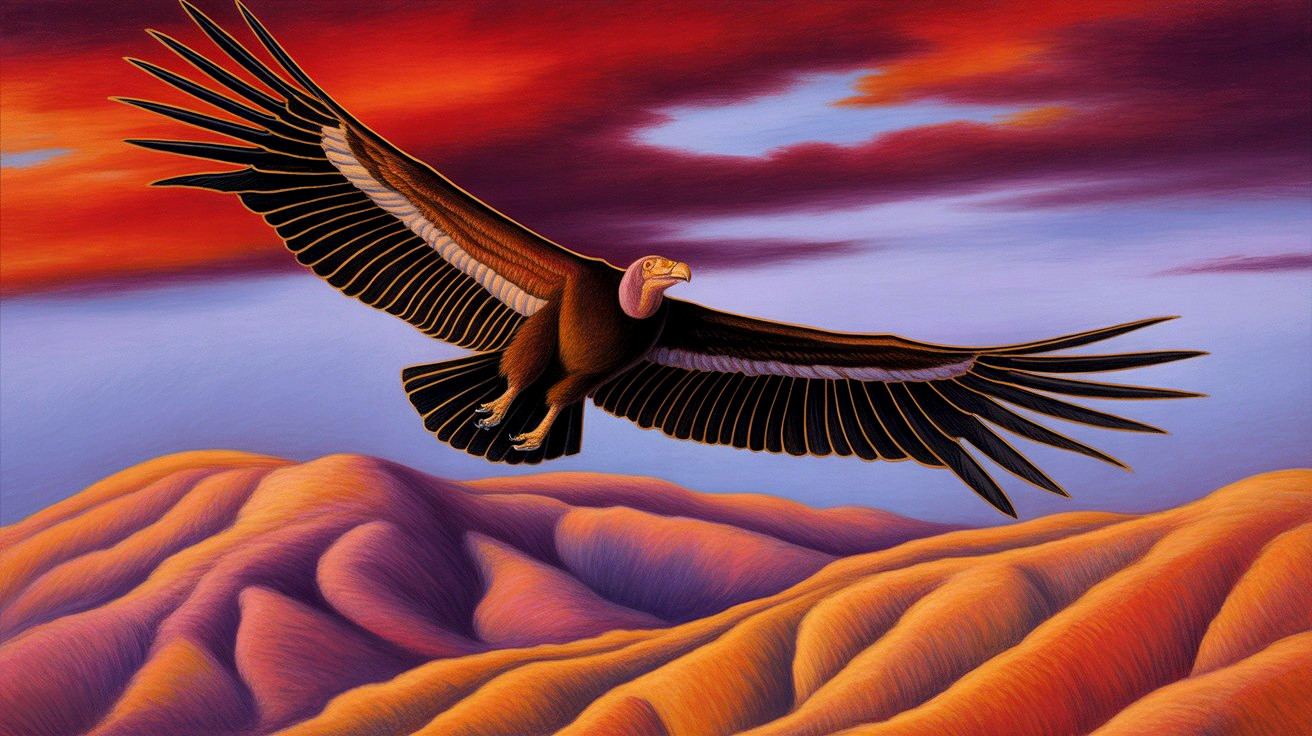 Vulture in Sunset Sky Over Majestic Mountain Landscape