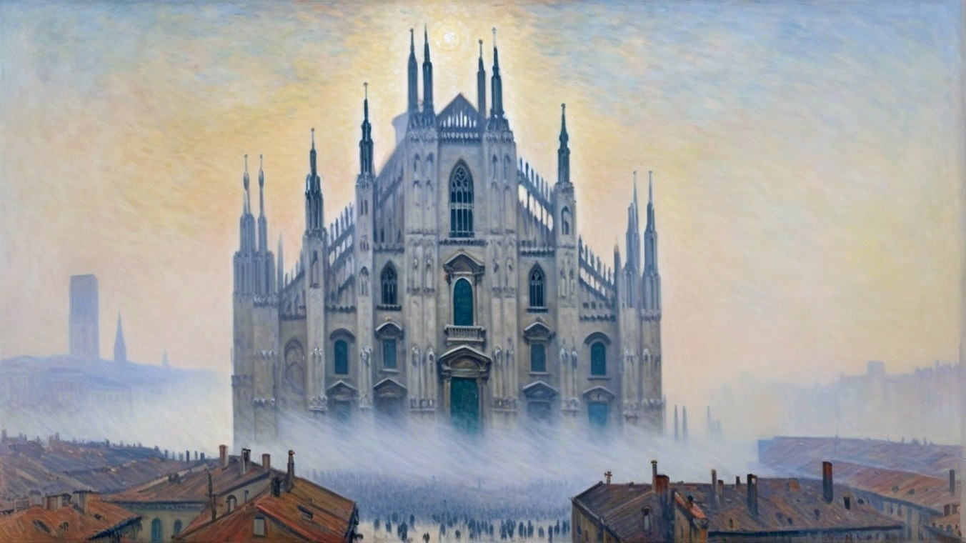 Gothic Cathedral with Spires in Misty Landscape