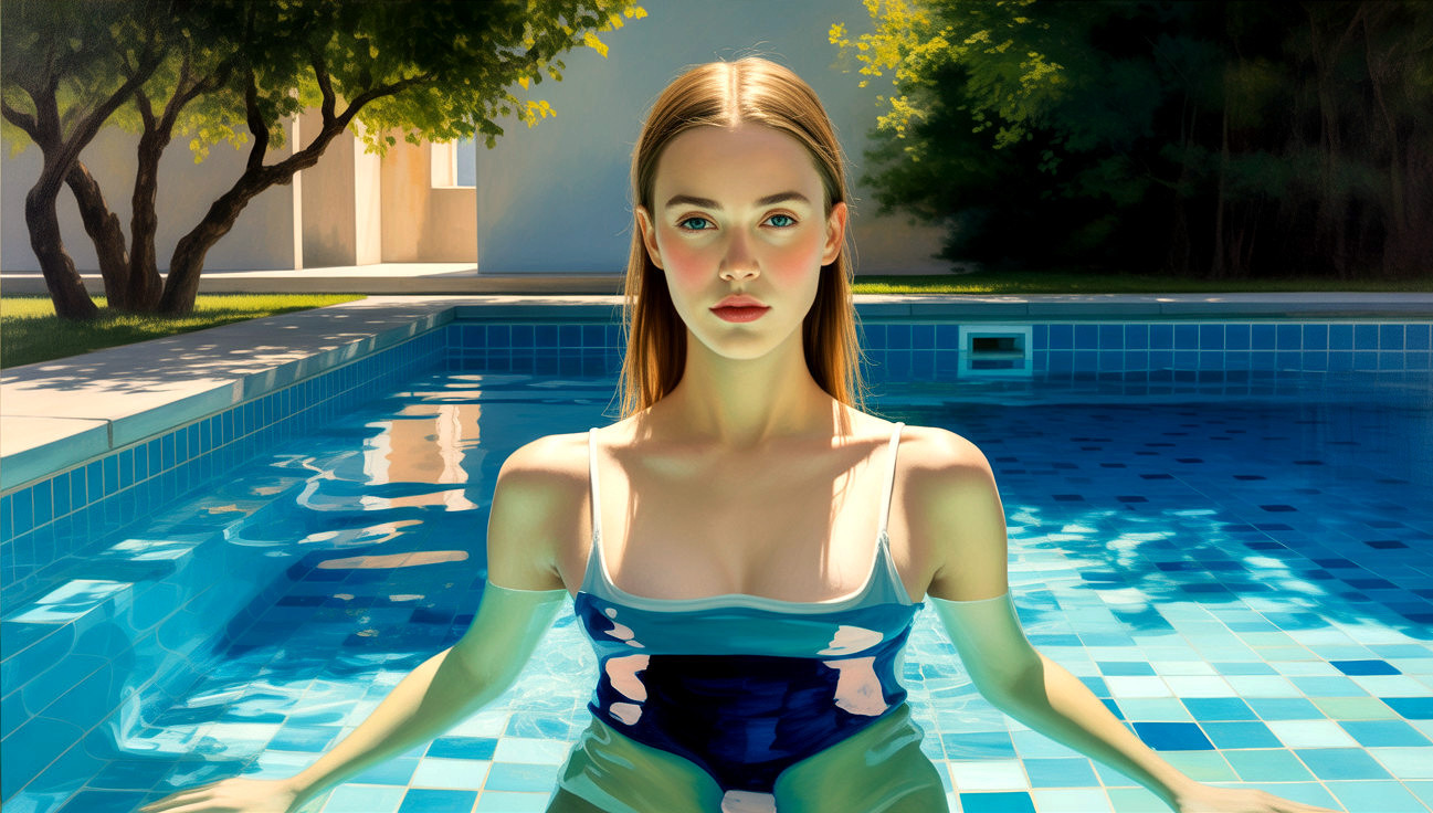 Young Woman in Tranquil Pool Surrounded by Greenery