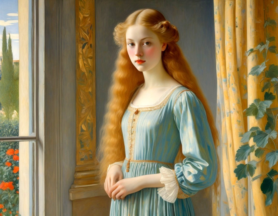 Young woman in blue gown by ornate window with roses