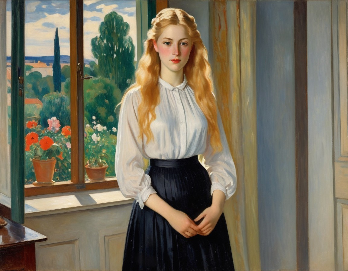 Young woman in sunlit room with floral window view