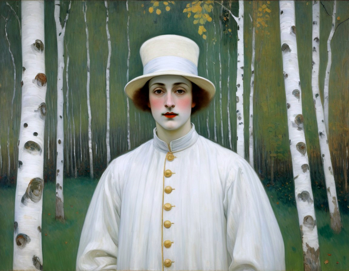 Serene Figure in White Coat Among Birch Trees
