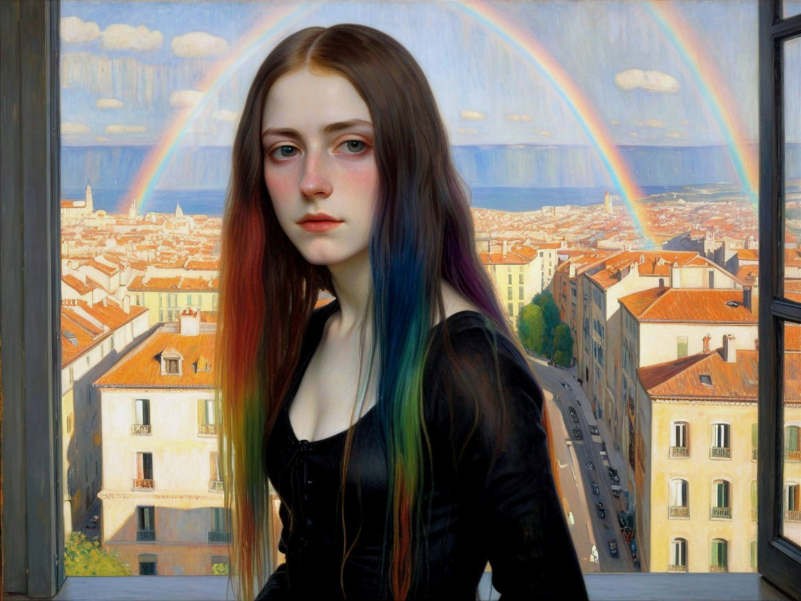Young Woman with Rainbow Hair Overlooking Cityscape