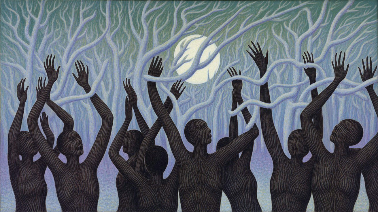 Silhouetted Figures Dancing in Dreamlike Forest Scene