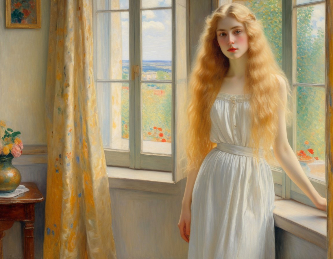 Serene Interior Scene with Young Woman by Window