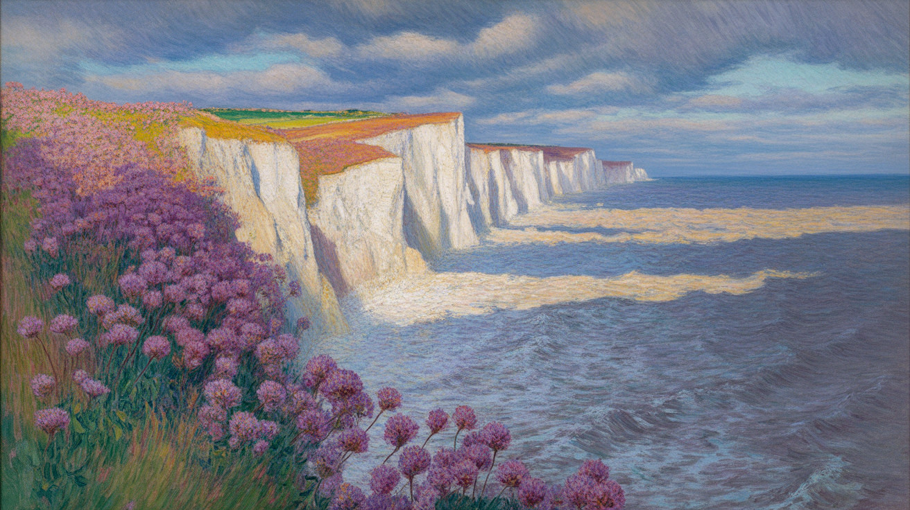 Coastal Scene with Chalk Cliffs and Purple Flowers