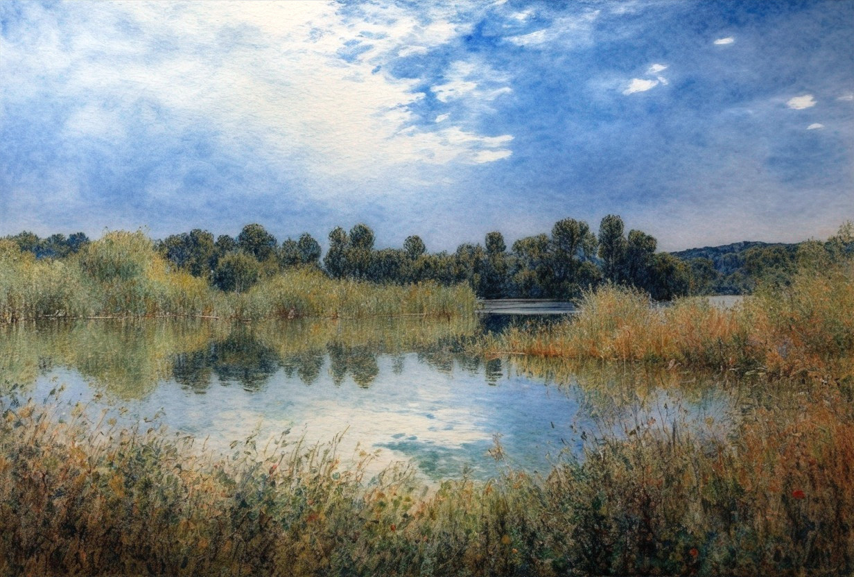 Tranquil Lake Surrounded by Lush Greenery and Sky